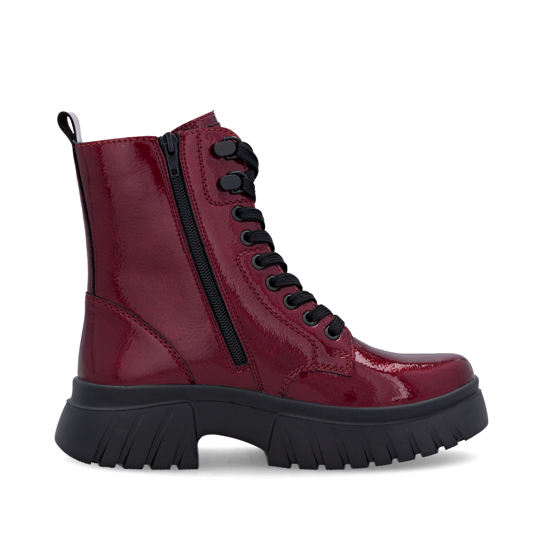 Kirschfarbene Rieker Damen Schnürstiefel W1870-35 aus Lackleder. Schuh Innenseite.