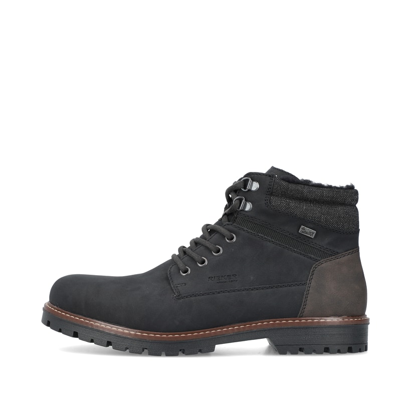 
Asphaltschwarze Rieker Herren Schnürstiefel F3611-00 mit Schnürung und Reißverschluss. Schuh Außenseite