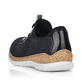 Blaue Rieker Damen Slipper N4263-14 mit Deko-Reißverschluss sowie einem Gummizug. Schuh von hinten.