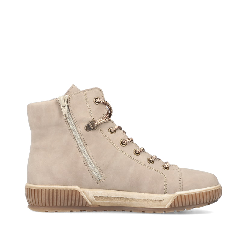 Beige Rieker Damen Schnürstiefel N0730-64 mit einem Reißverschluss. Schuh Innenseite.