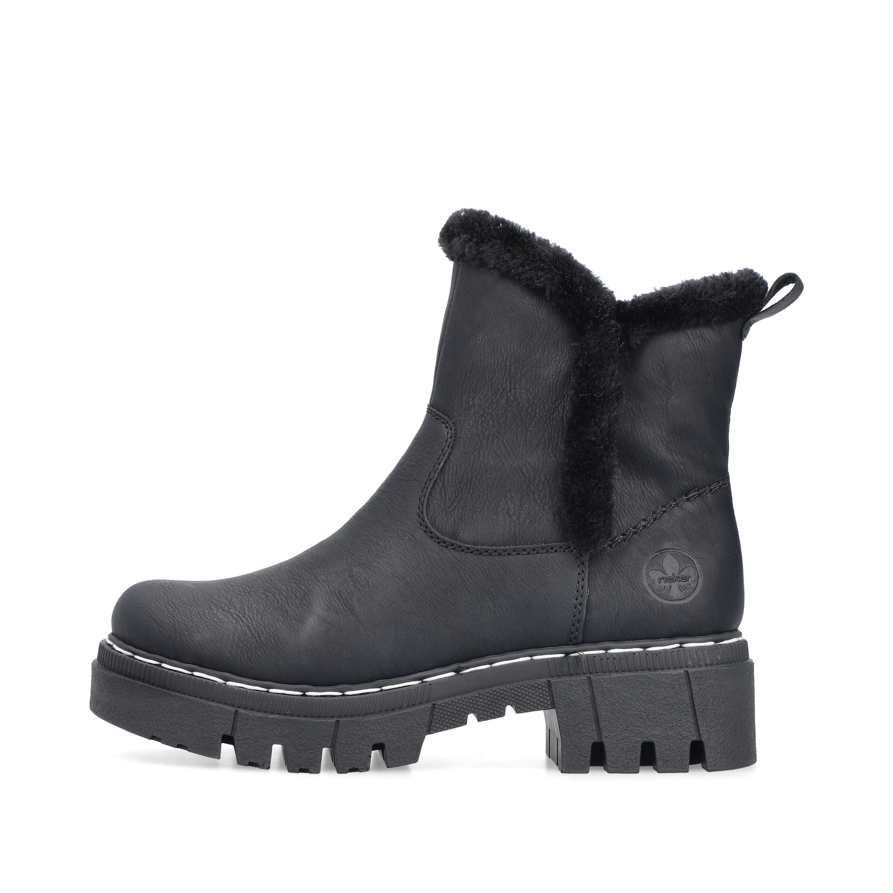 Schwarze Rieker Damen Chelsea Boots 74082-00 mit Fellschaftrand. Schuh Außenseite.