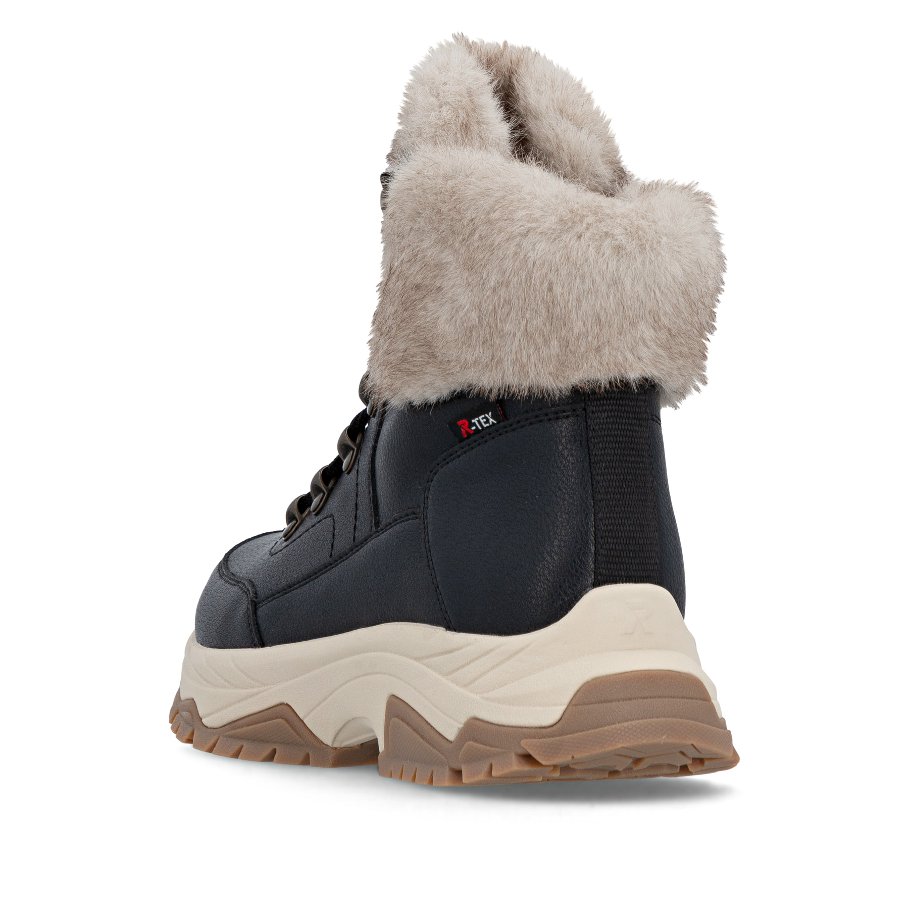 Schwarze Rieker Damen Schnürstiefel W3971-00 aus Glattleder. Schuh von hinten.