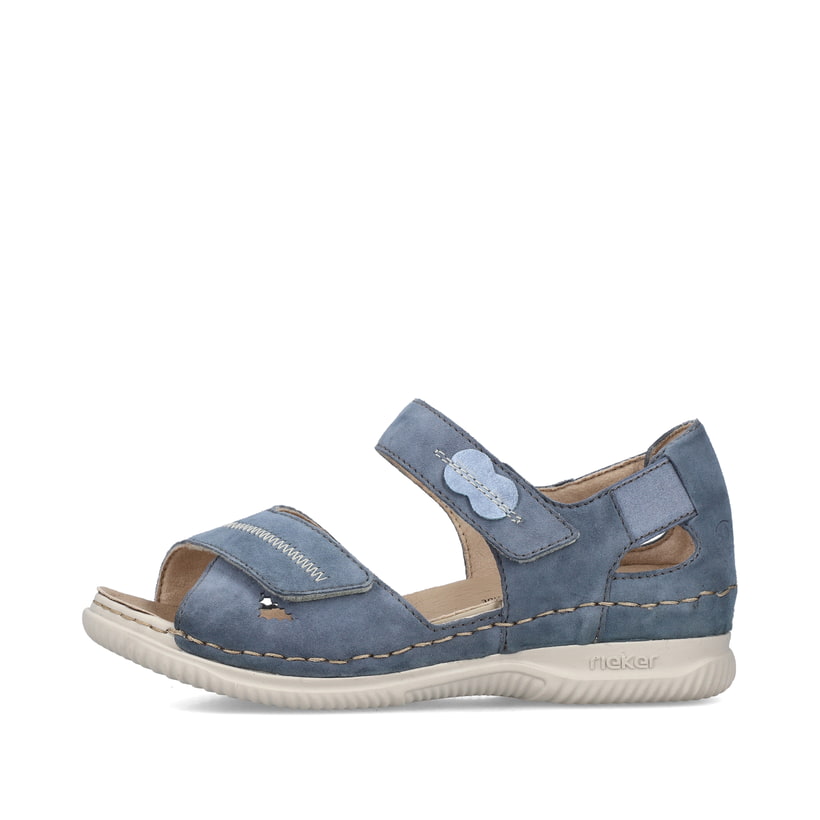 Blaue Rieker Damen Riemchensandalen V7474-10 mit einem Klettverschluss. Schuh Außenseite.