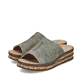 Mintgrüne Rieker Damen Pantoletten 62905-53 mit moderner Spannnaht. Schuhpaar seitlich schräg.