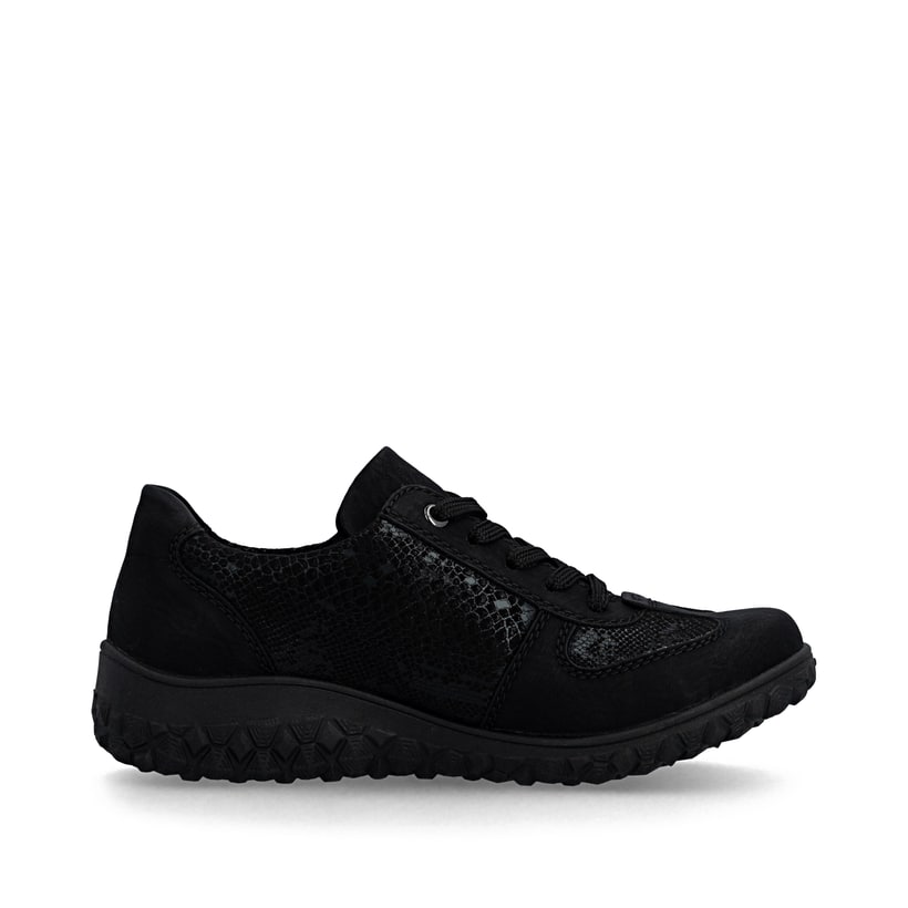 Baskets basses Rieker noires pour femmes 59501-00 avec fermeture éclair. Côté intérieur de la chaussure.