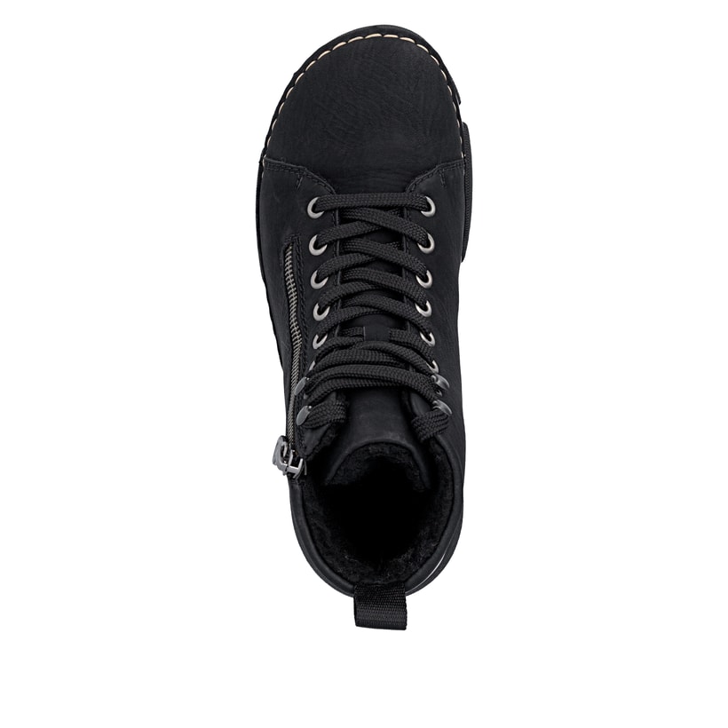 Schwarze Rieker Damen Schnürstiefel 45920-01 mit markanter Anflechter-Naht. Schuh von oben.