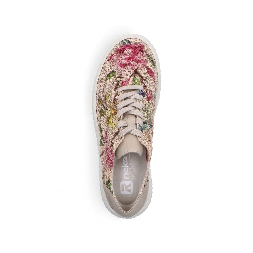 Mehrfarbige vegane Rieker Damen Sneaker Low N9919-91 mit floralem Muster. Schuh von oben.