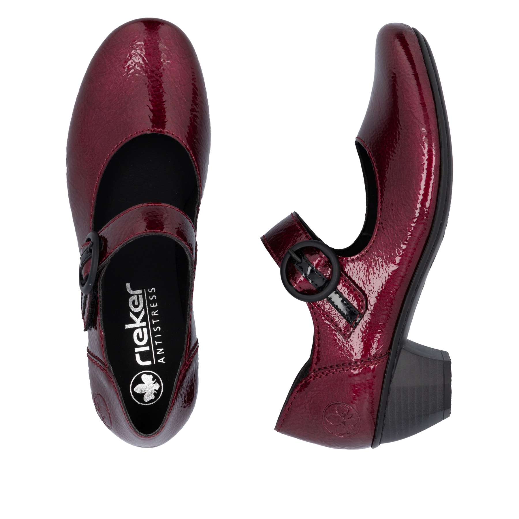 Escarpins Rieker rouges pour femme 41756-33 avec boucle. Chaussure vue de dessus, couchée.