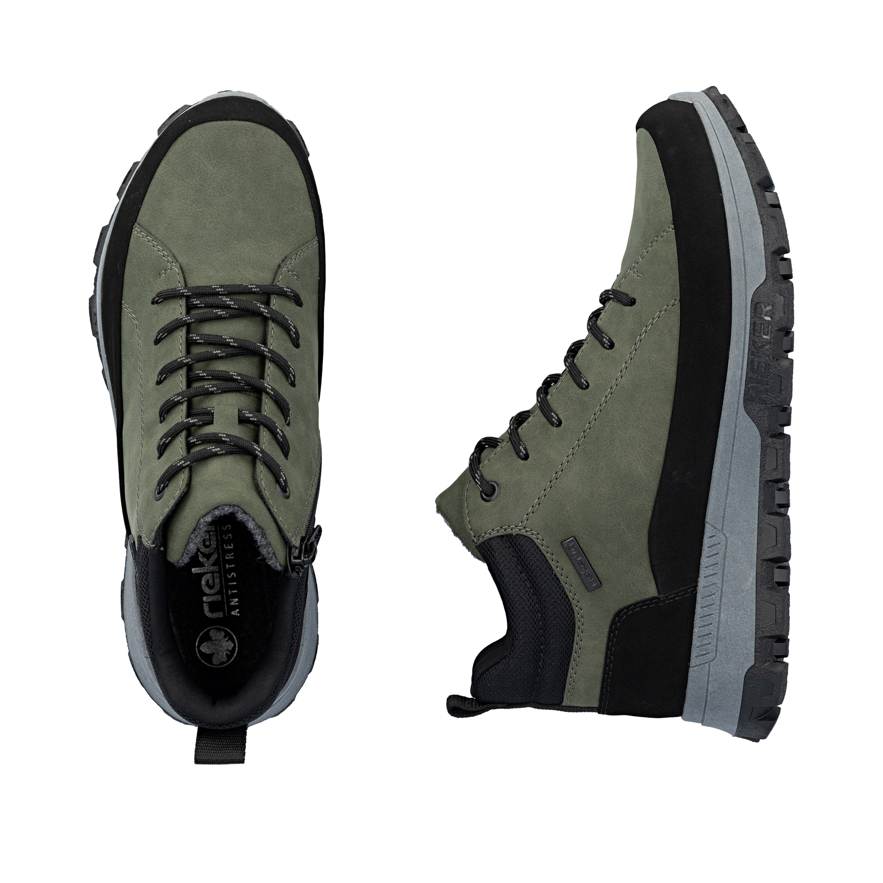 Grüne Rieker Herren Schnürstiefel 35508-54 mit wasserabweisender TEX-Membran. Schuh von oben, liegend.