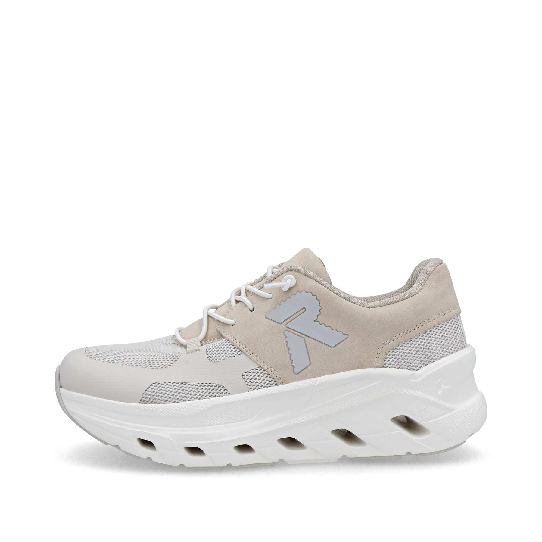 Beige Rieker Damen Sneaker Low W3500-60 mit Schnürung sowie ultraleichter Sohle. Schuh Außenseite.