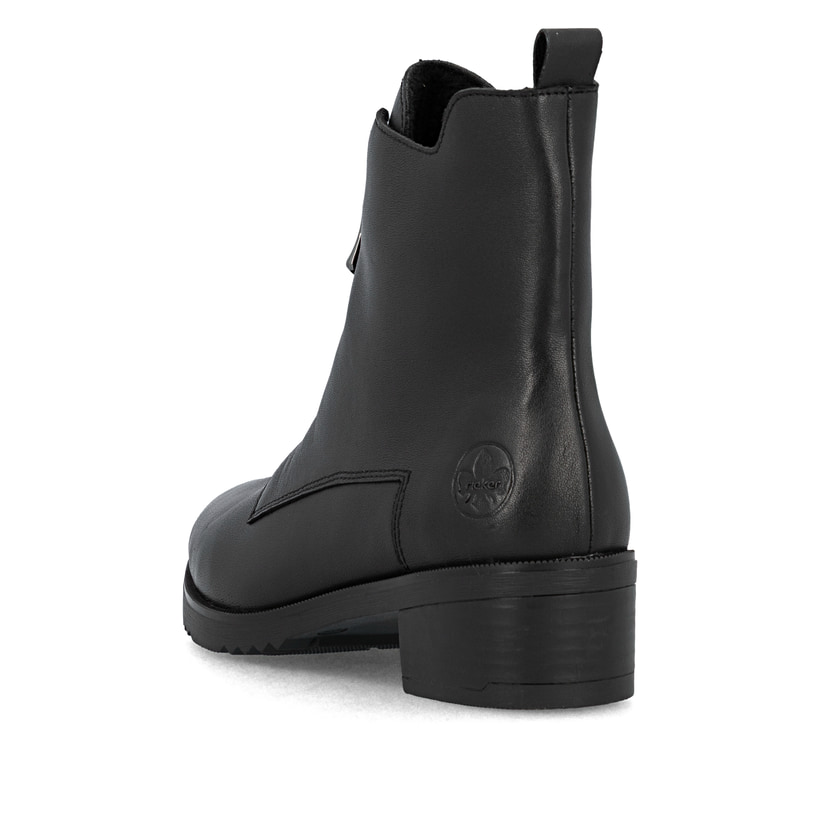 Bottines Rieker noires femme Y0552-00 en cuir lisse avec fermeture éclair. Chaussure vue de l'arrière.