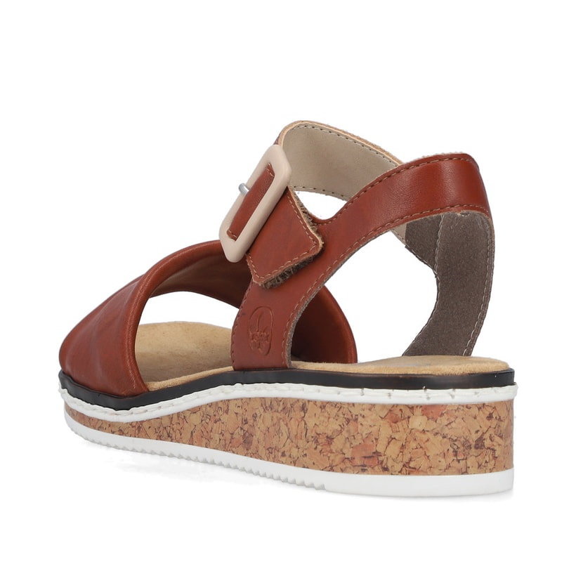 Sandales compensées Rieker marron femme V3691-22 avec boucle tendance. Chaussure vue de l'arrière.
