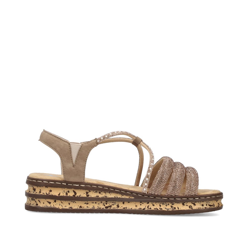 Braune Rieker Keilsandaletten 62977-90 mit Strasssteinen sowie einem Gummizug. Schuh Innenseite.