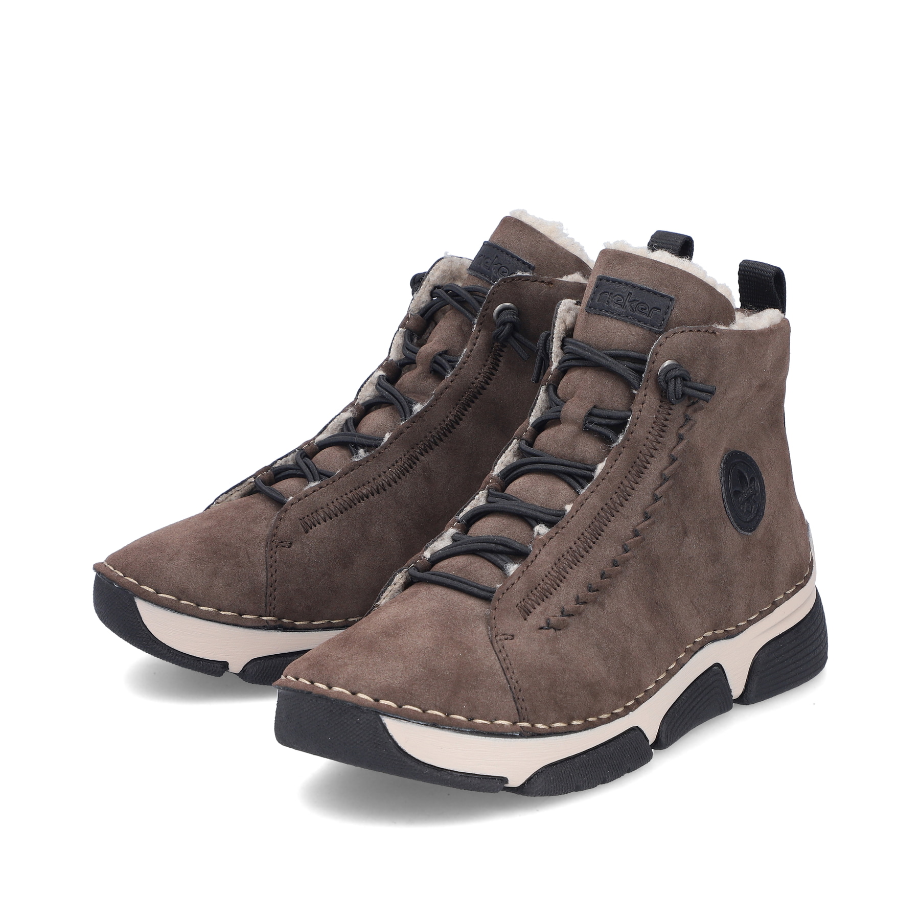 Dunkelbraun-schwarze Rieker Damen Schnürstiefel 45912-25 mit Anflechter-Naht. Schuhpaar seitlich schräg.