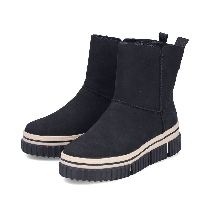 Schwarze Rieker Damen Kurzstiefel Y6364-00 mit einem Reißverschluss. Schuhpaar seitlich schräg.