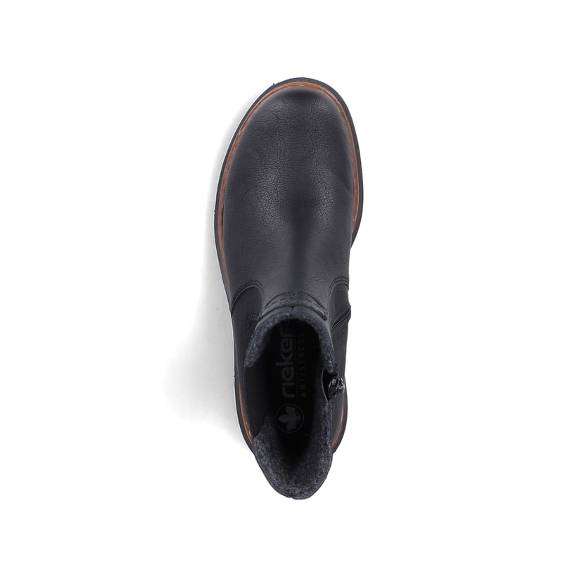 Schwarze Rieker Damen Chelsea Boots 72660-00 mit einem Reißverschluss. Schuh von oben.