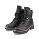 
Tiefschwarze Rieker Damen Biker Boots 72621-00 mit Schnürung und Reißverschluss. Schuhpaar schräg.