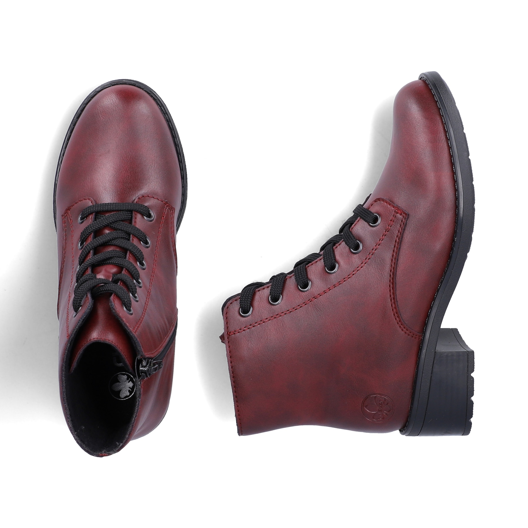 Weinrote Rieker Damen Schnürstiefel 75433-35 mit einem Reißverschluss. Schuh von oben, liegend.