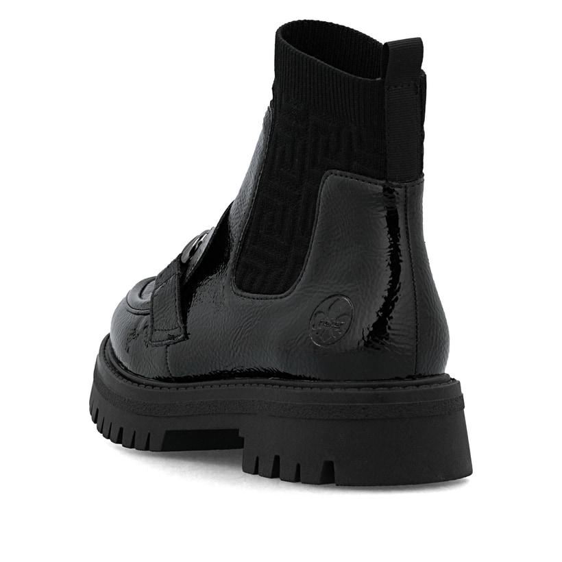 Schwarze Rieker Damen Chelsea Boots 47573-00 mit einer extra weichen Decksohle. Schuh von hinten.
