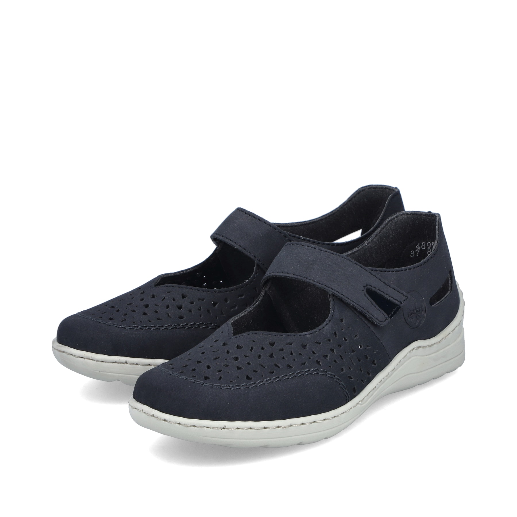 Ballerines Rieker bleues femme 48996-14 avec coutures modernes élégantes. Chaussures inclinées sur le côté.
