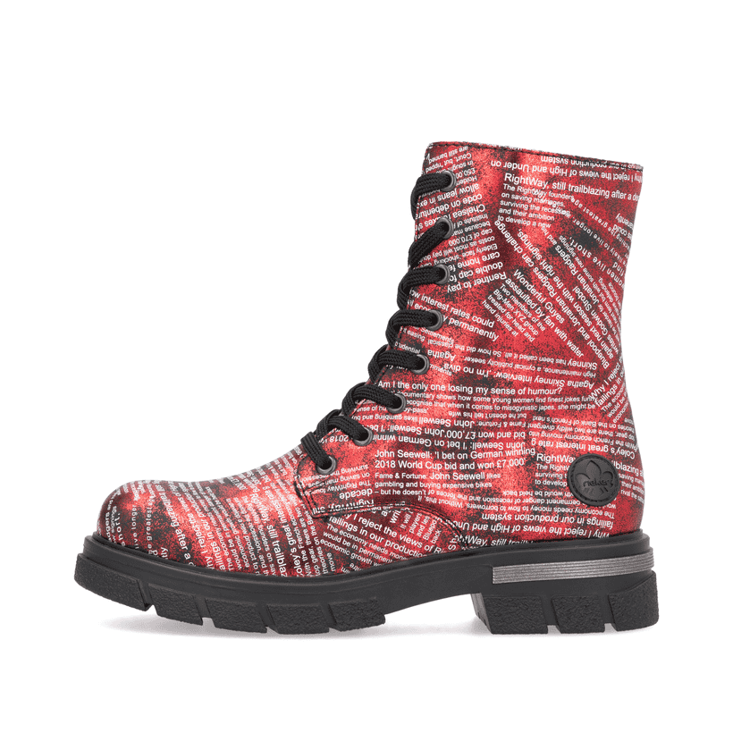 Rote Rieker Damen Biker Boots Z9120-35 mit Textprint sowie einem Reißverschluss. Schuh Außenseite.