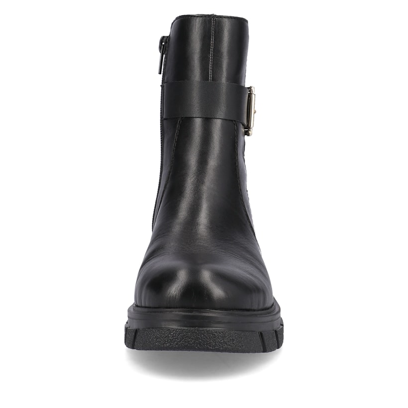 Schwarze Rieker Damen Kurzstiefel Z9174-00 mit Zierschnalle sowie Reißverschluss. Schuh von vorne.