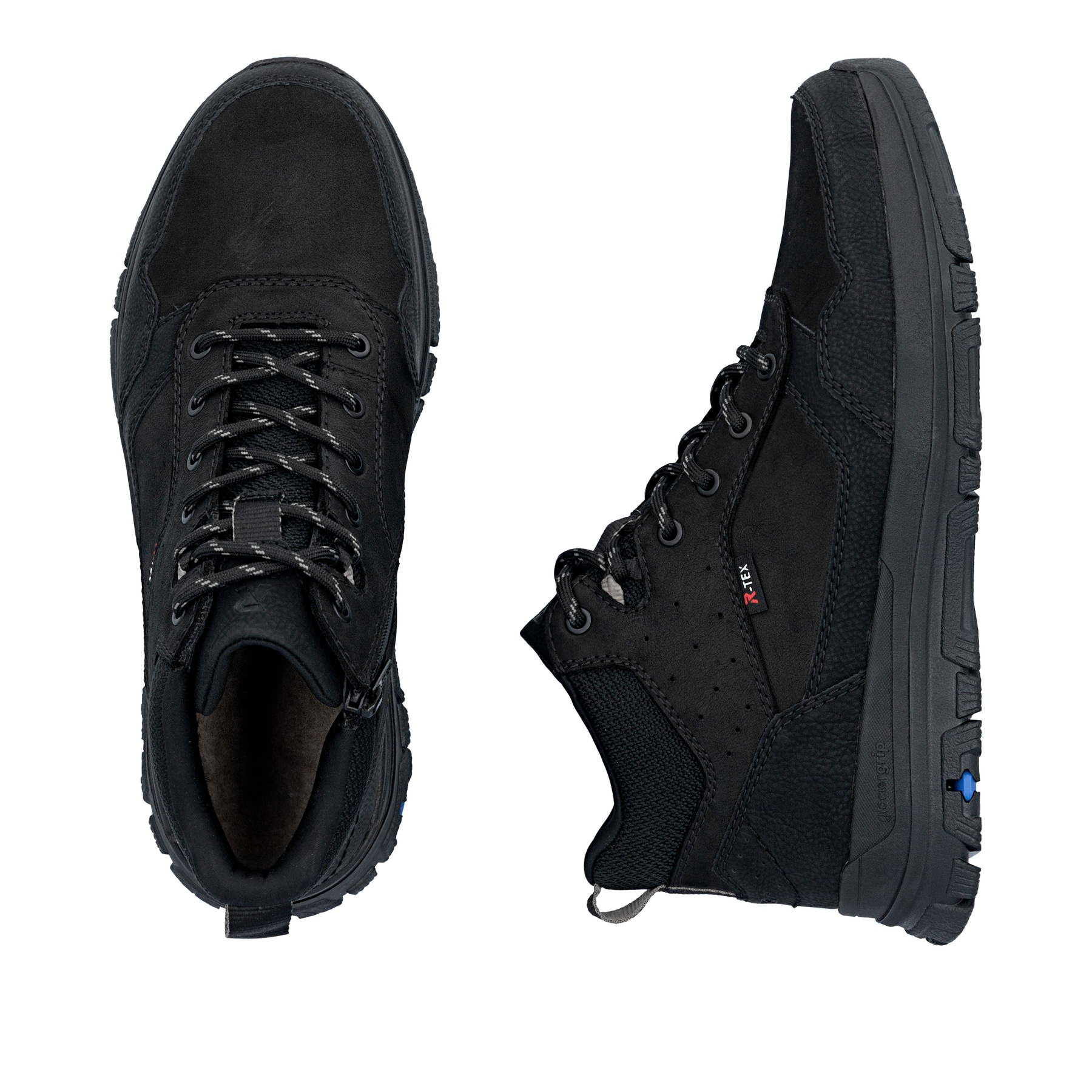 Schwarze Rieker Herren Schnürstiefel B9502-00 mit dem umdrehbaren Glacier Grip. Schuh von oben, liegend.