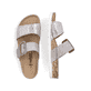 Graue Rieker Damen Pantoletten 69881-40 mit Klettverschluss sowie Textprint. Schuh von oben, liegend.