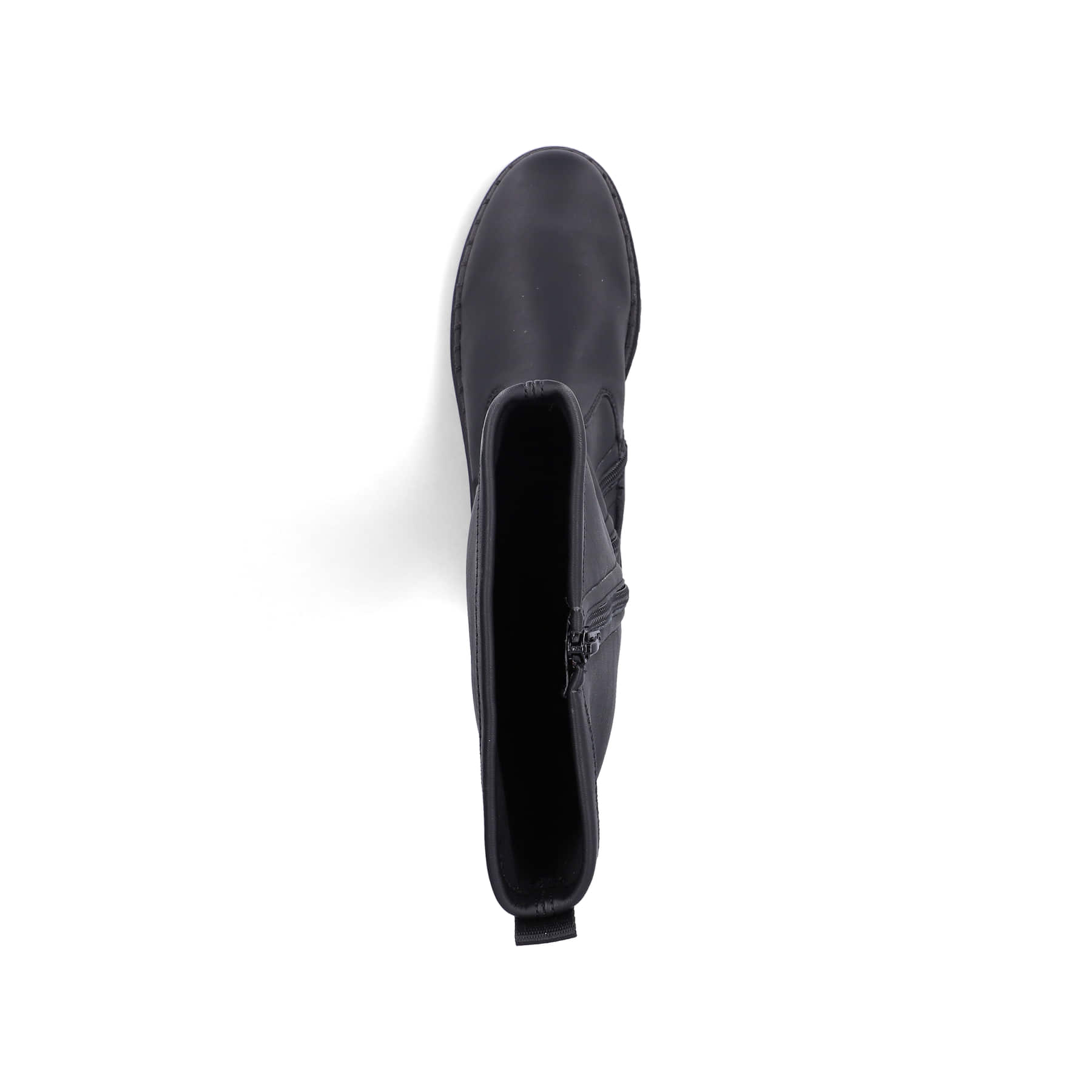 Schwarze Rieker Damen Hochschaftstiefel Z8990-00 mit einem Reißverschluss. Schuh von oben.