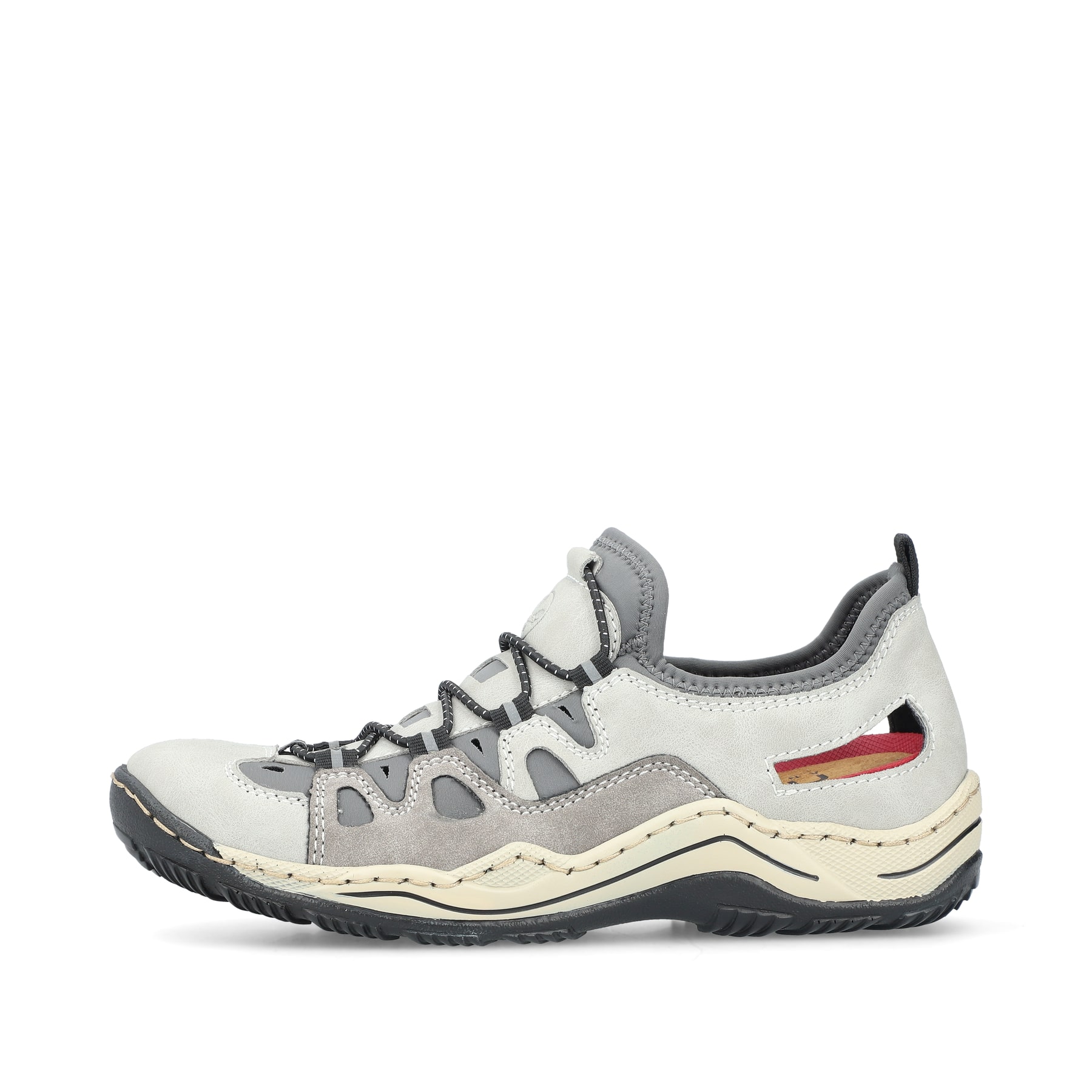 Mocassins Rieker gris pour femme L0539-40 en optique à trous. Côté extérieur de la chaussure.