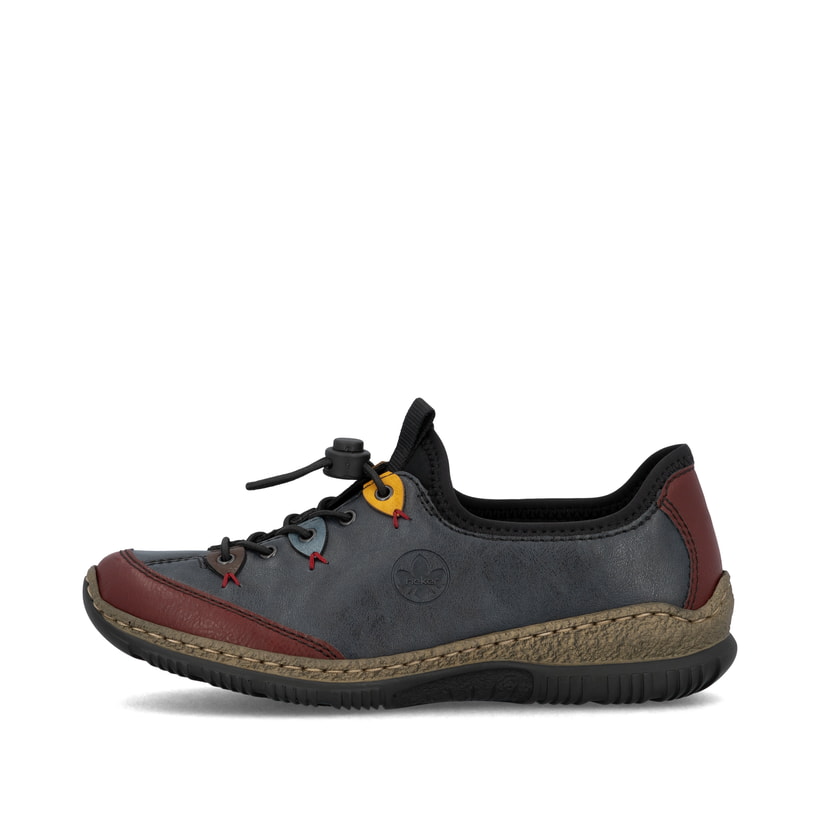 
Azurblaue Rieker Damen Slipper N3271-35 mit Gummizug sowie einer leichten Sohle. Schuh Außenseite