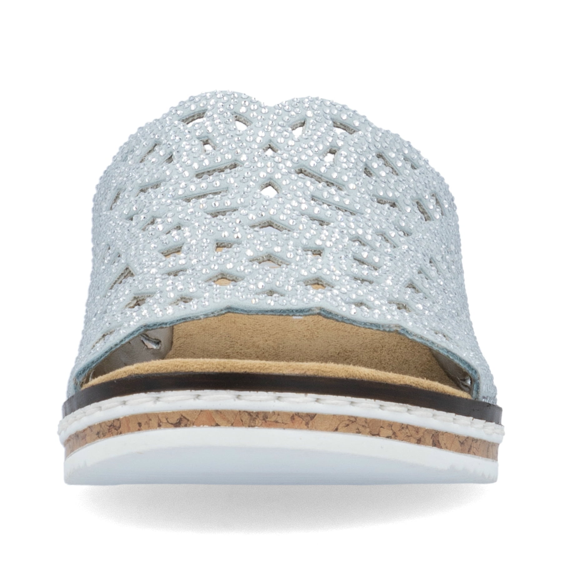 Blaue Rieker Damen Pantoletten V3693-10 mit Strasssteinen sowie leichter Sohle. Schuh von vorne.