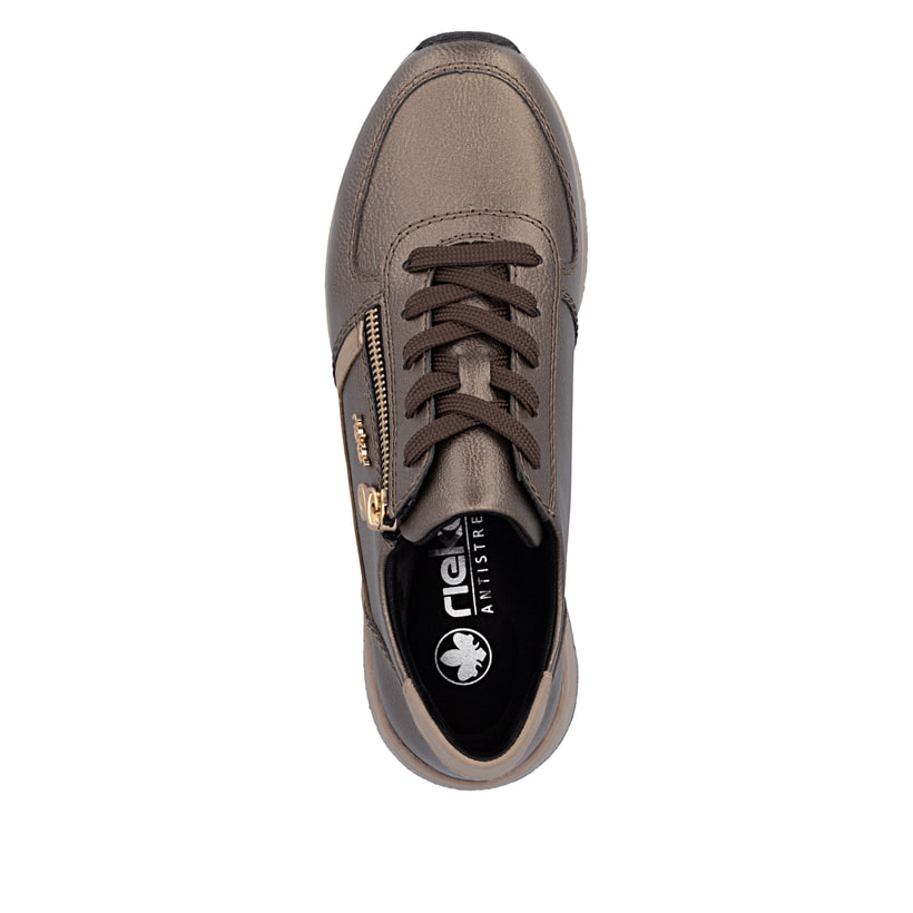 Bronze-beige Rieker Damen Sneaker Low 58902-90 mit einem Reißverschluss. Schuh von oben.