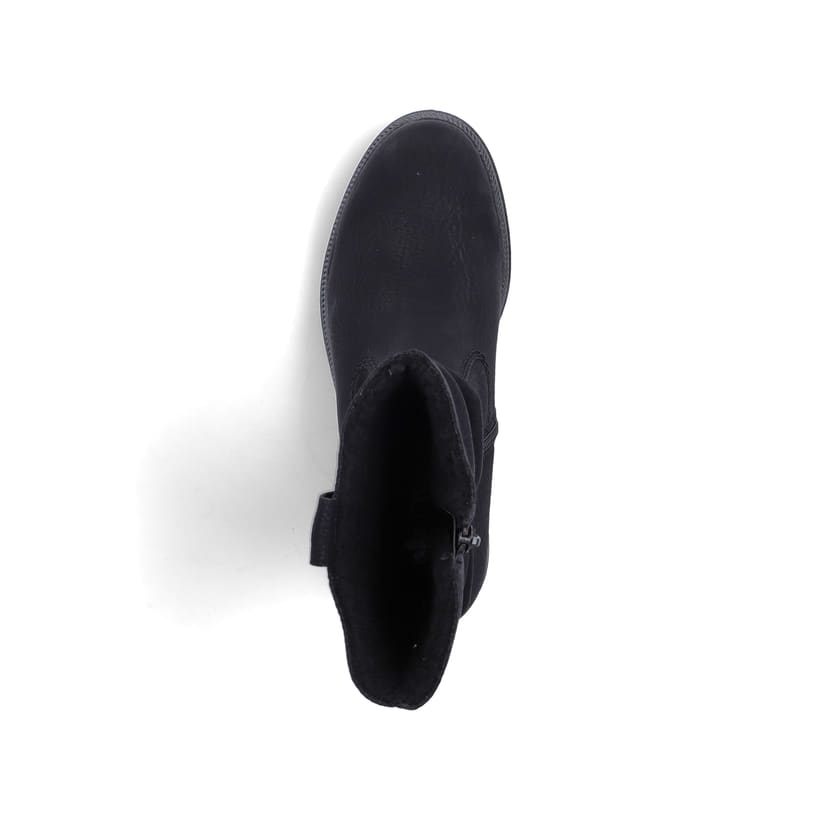 Schwarze Rieker Damen Kurzstiefel Y7681-00 mit gerafftem Schaft. Schuh von oben.
