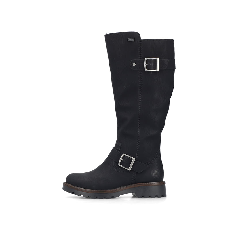 Schwarze Rieker Damen Hochschaftstiefel 73292-00 mit einem Reißverschluss. Schuh Außenseite.