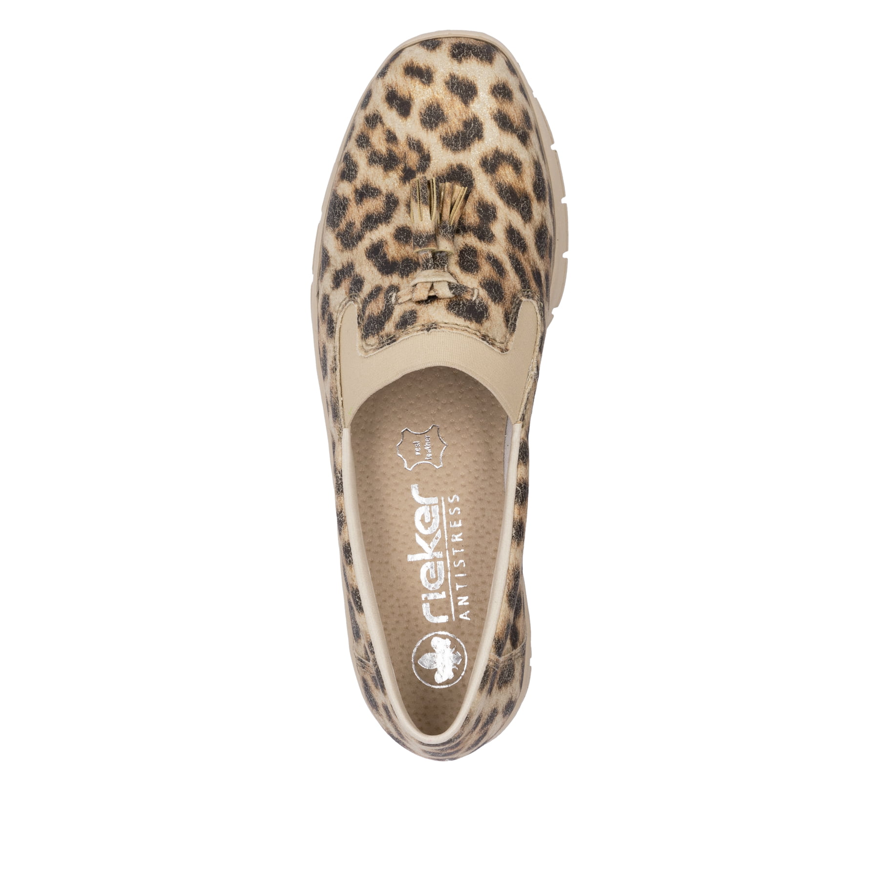 Beige Rieker Damen Loafer 53751-20 mit einem Gummizug sowie schmaler Passform E. Schuh von oben.