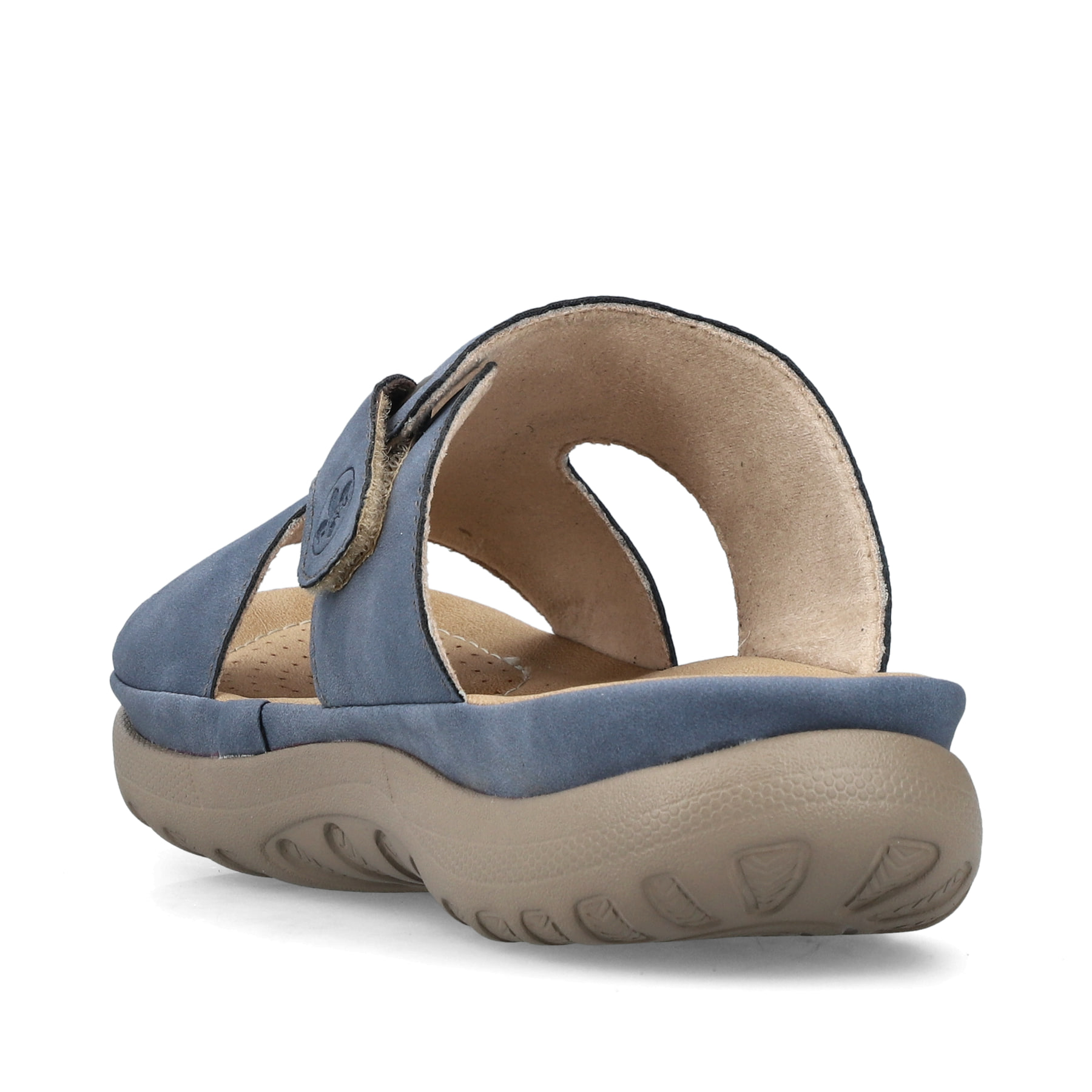 Blaue Rieker Damen Pantoletten 64806-10 mit einem Klettverschluss. Schuh von hinten.