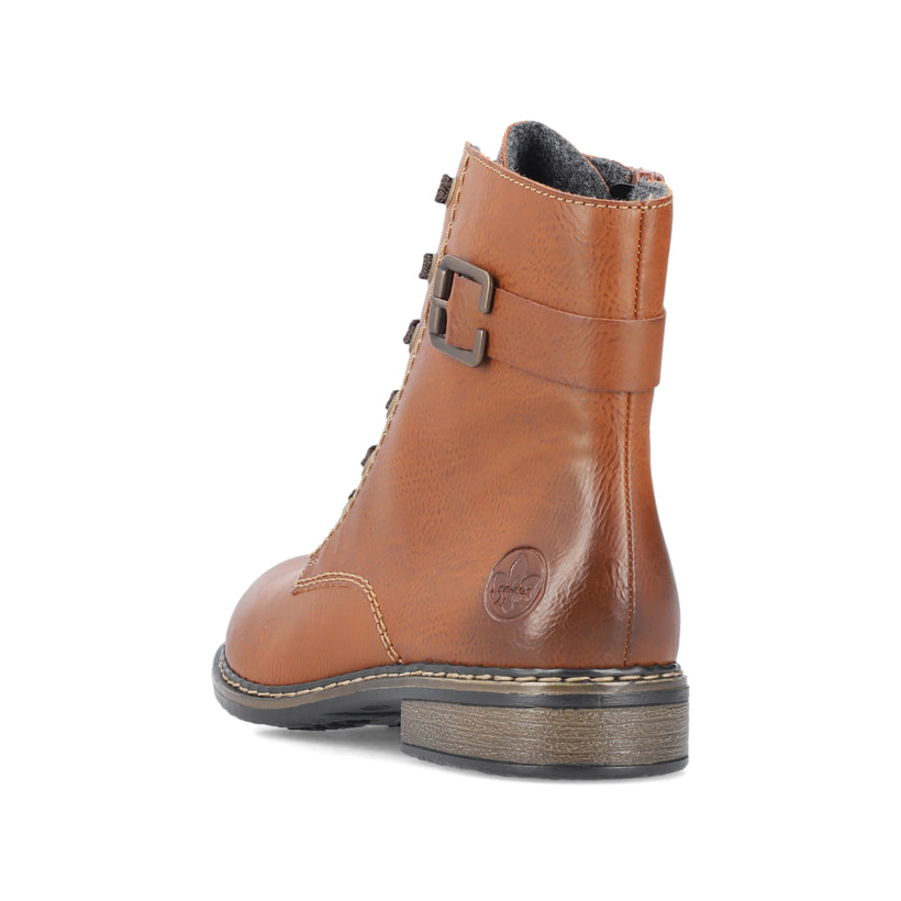 Braune Rieker Damen Schnürstiefel 71202-24 mit Deko-Schnalle. Schuh von hinten.