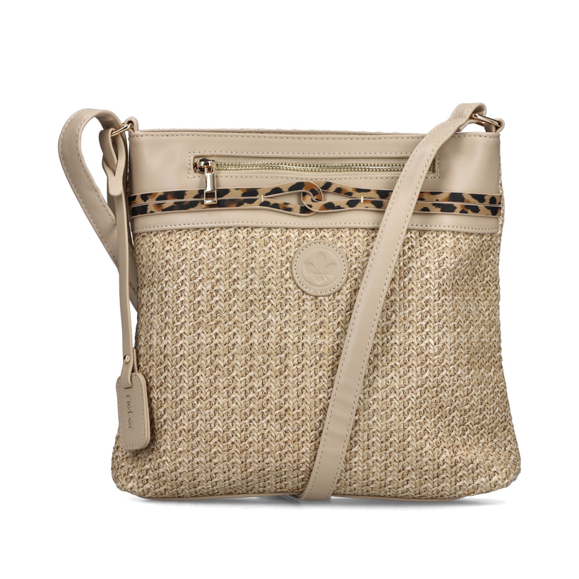 Sac à main Rieker H1519-65 beige avec aspect raphia, fermeture éclair et bandoulière réglable. Devant.