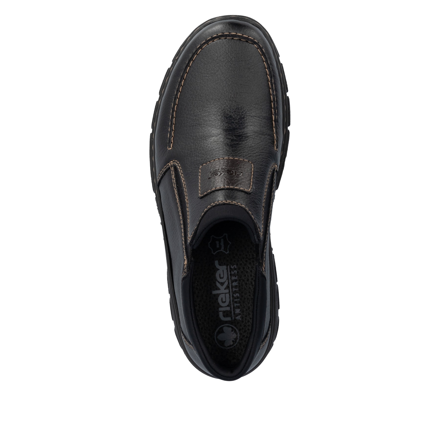 Mocassins Rieker noirs pour hommes 19961-03 avec bande élastique. Chaussure vue de dessus.