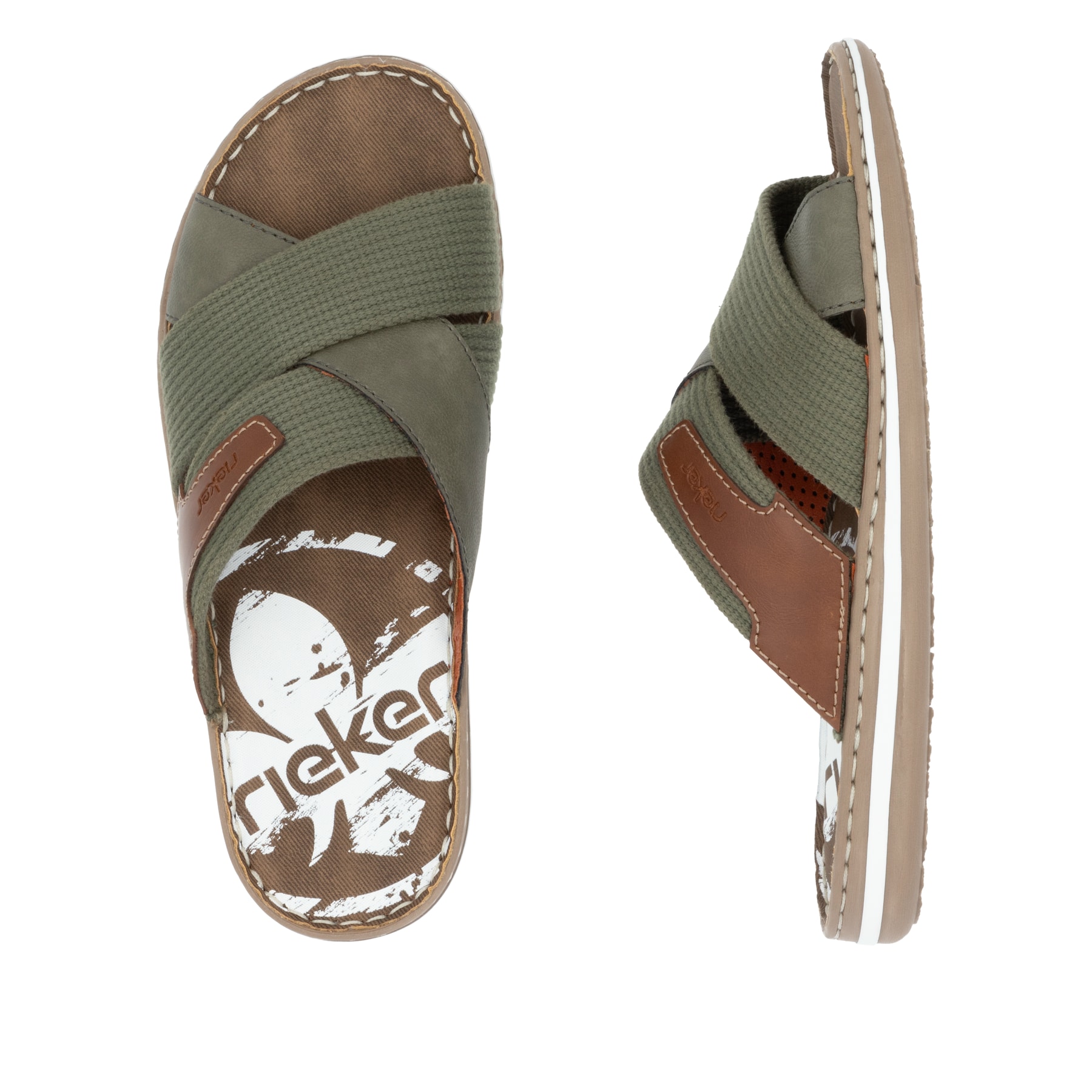 Grüne Rieker Herren Pantoletten 21066-54 mit der Komfortweite G. Schuh von oben, liegend.