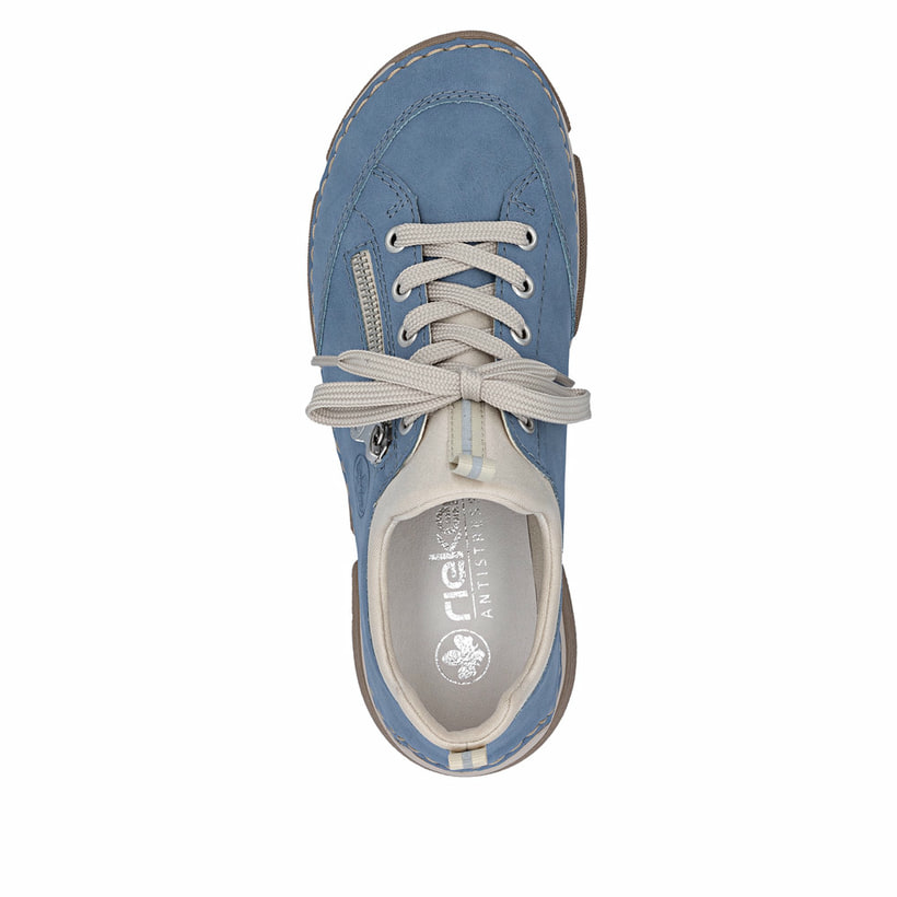 Blaue Rieker Damen Slipper 45973-14 mit Deko-Reißverschluss sowie einem Gummizug. Schuh von oben.