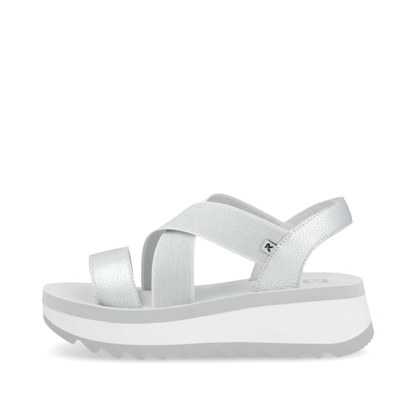 Silberne Rieker Damen Riemchensandalen W3053-90 mit einem Gummizug. Schuh Außenseite.