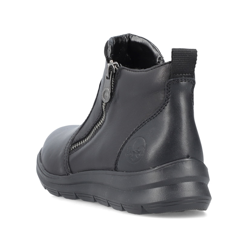 Schwarze Rieker Damen Kurzstiefel Z0060-00 aus Glattleder mit Reißverschluss. Schuh von hinten.