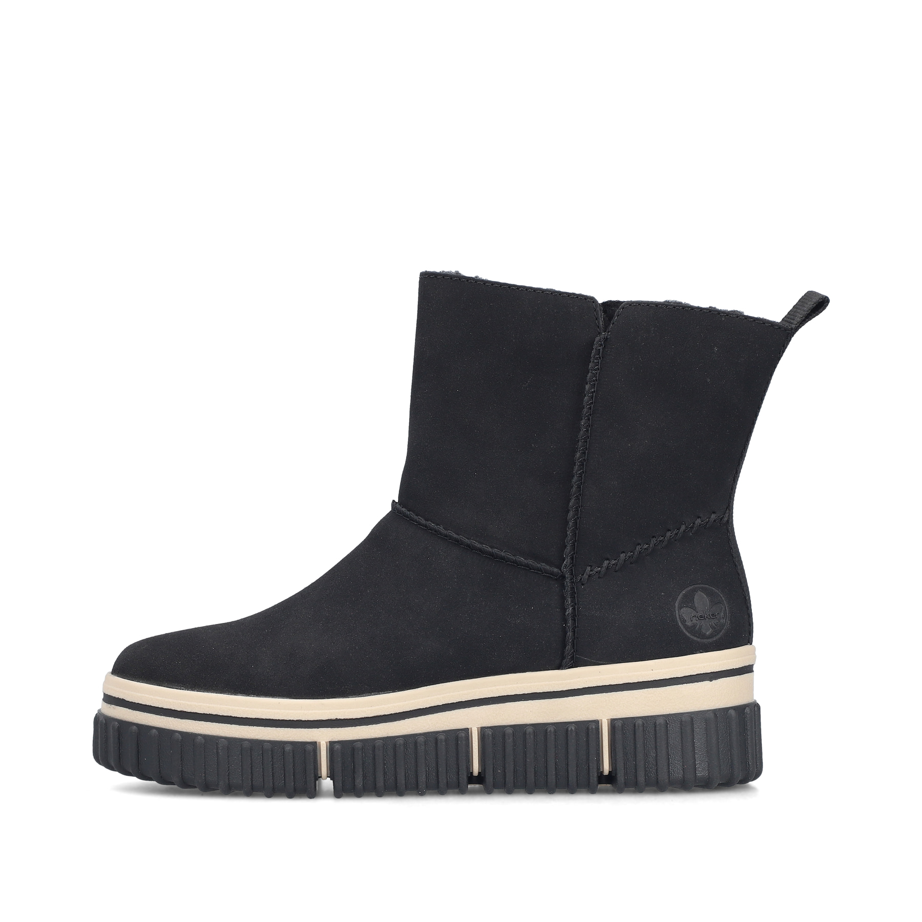Schwarze Rieker Damen Kurzstiefel Y6364-00 mit einem Reißverschluss. Schuh Außenseite.