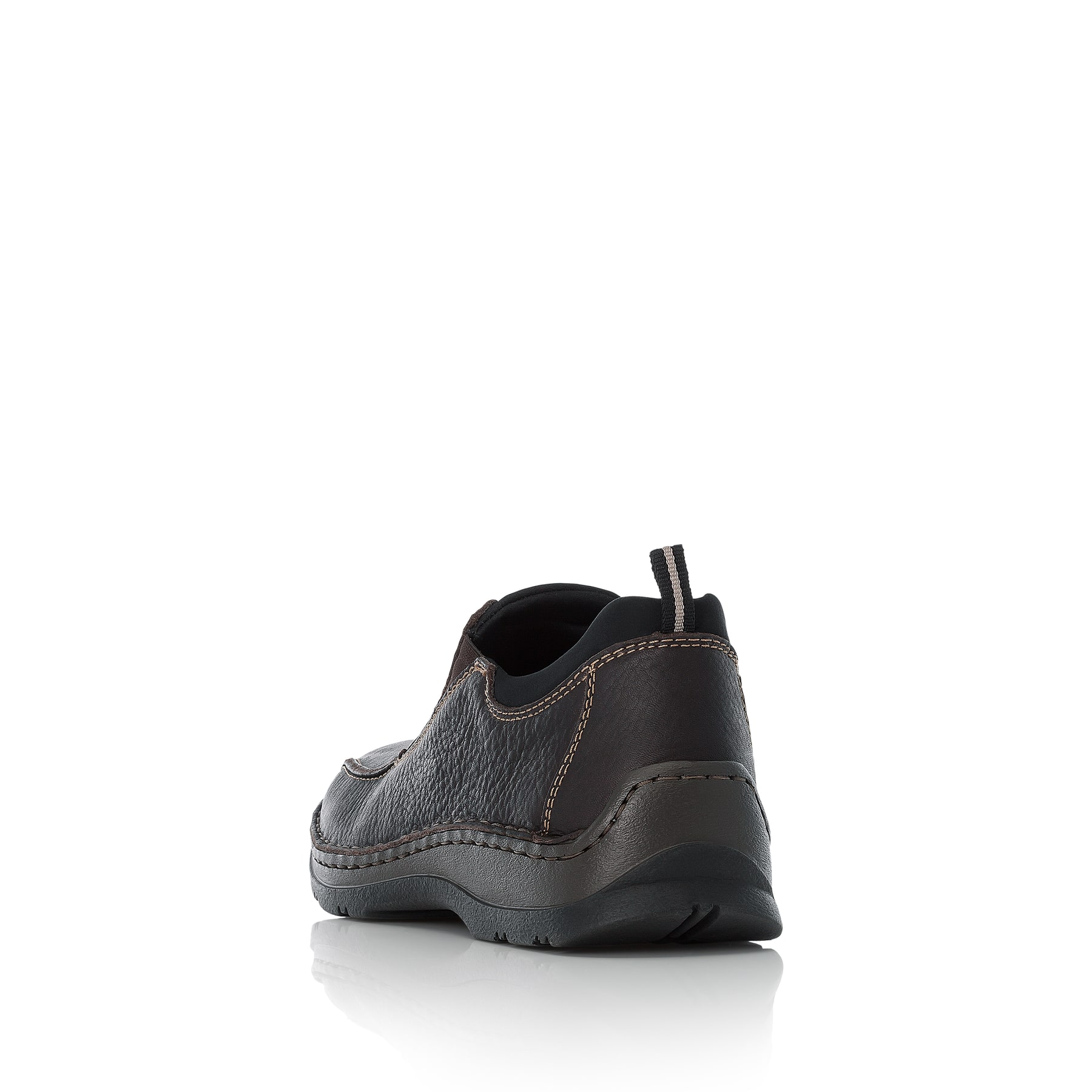 Dunkelbraune Rieker Herren Slipper 05363-25 aus Glattleder. Schuh von hinten.