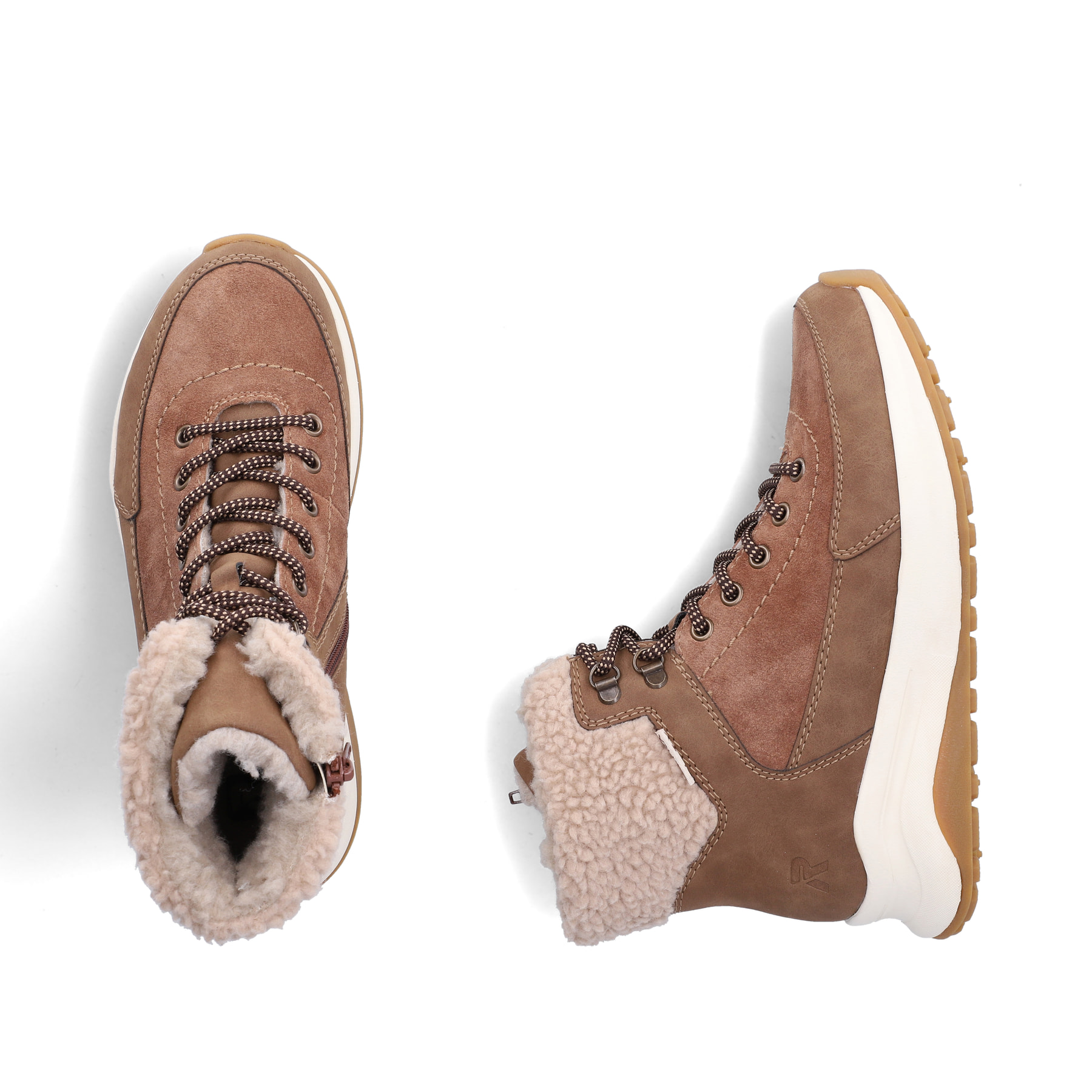 Braune Rieker Damen Schnürstiefel Z0920-24 mit wasserabweisender TEX-Membran. Schuh von oben, liegend.