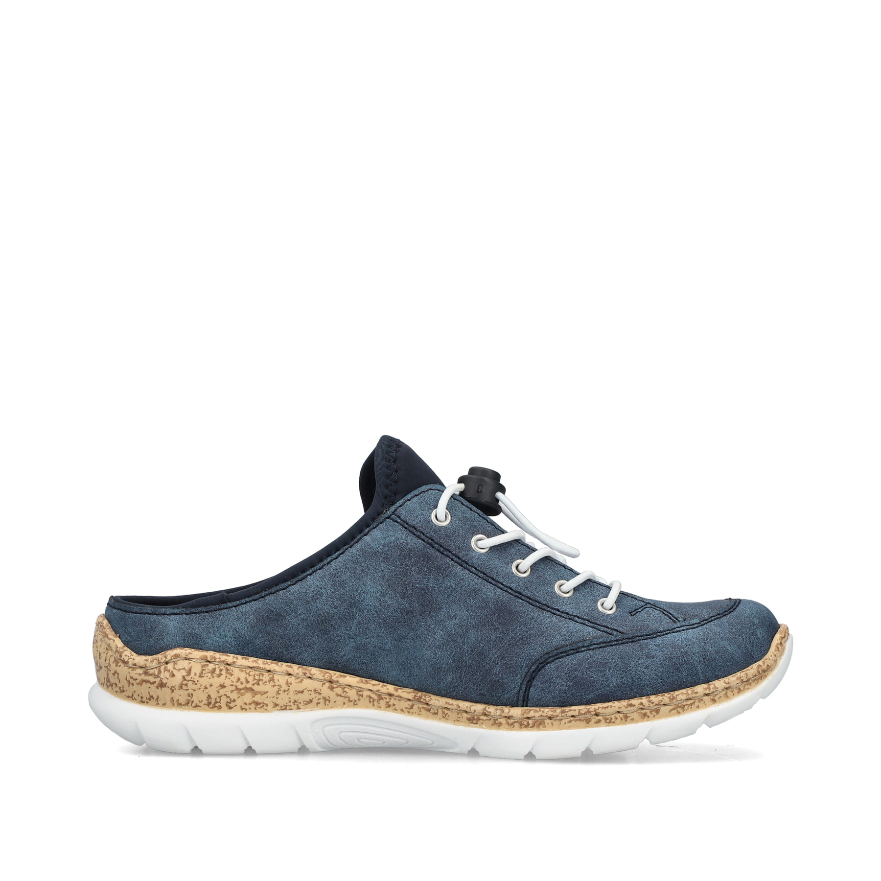 Blaue Rieker Damen Clogs N4210-14 mit einem Gummizug. Schuh Innenseite.