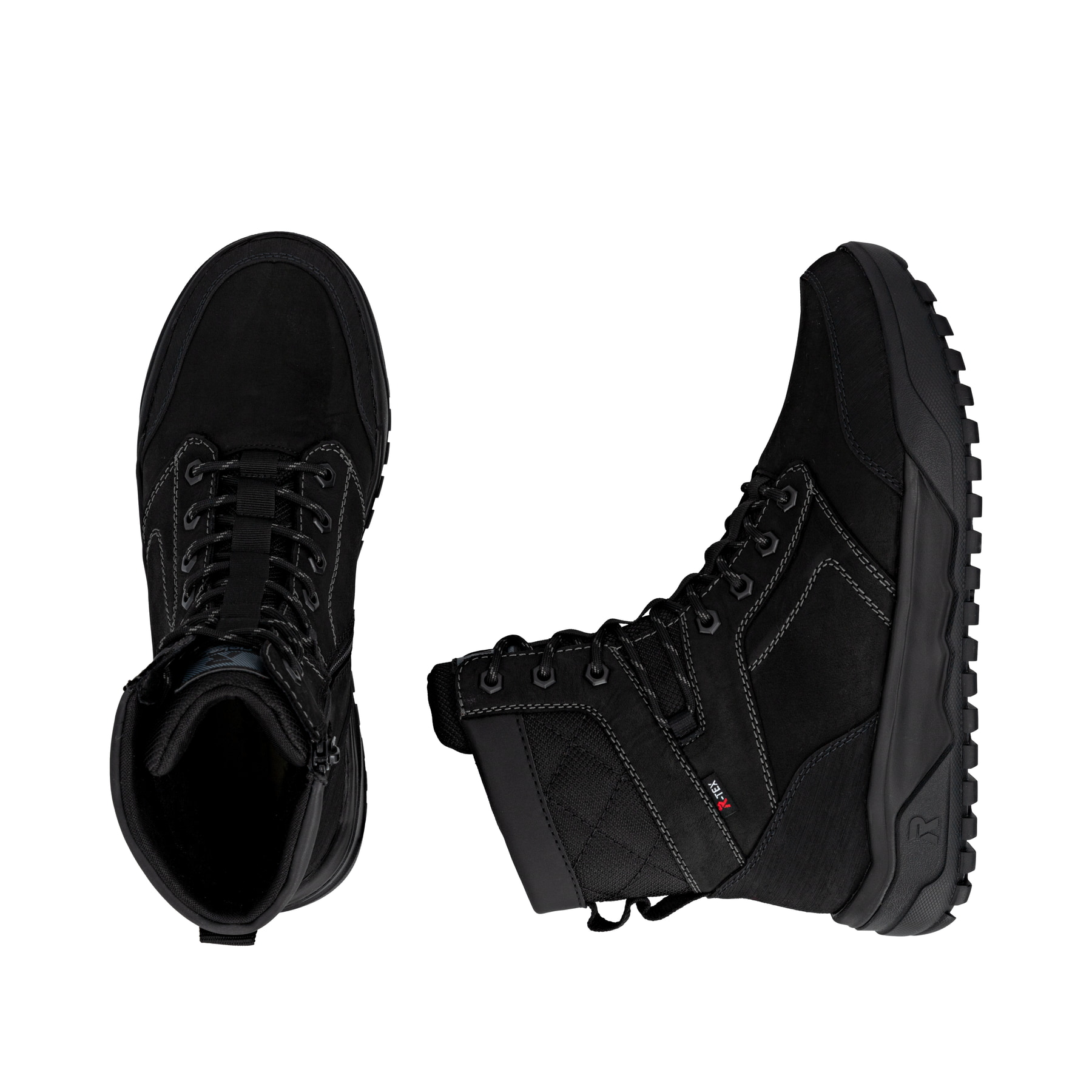 Schwarze Rieker Herren Schnürstiefel U1572-00 mit griffiger Fiber-Grip Sohle. Schuh von oben, liegend.