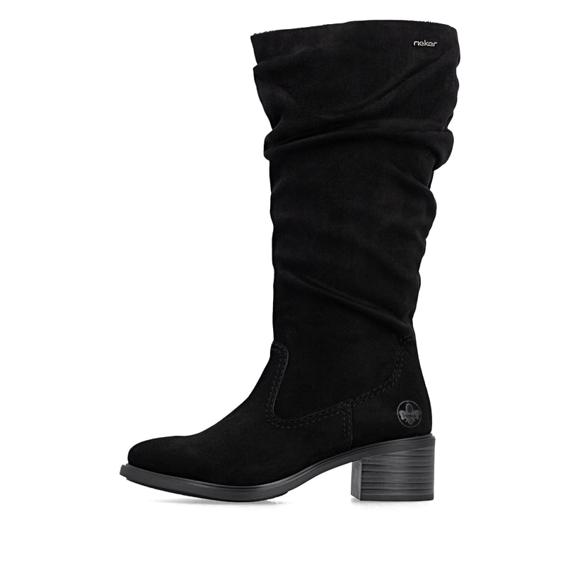 Schwarze Rieker Damen Hochschaftstiefel 74192-00 mit gerafftem Schaft. Schuh Außenseite.
